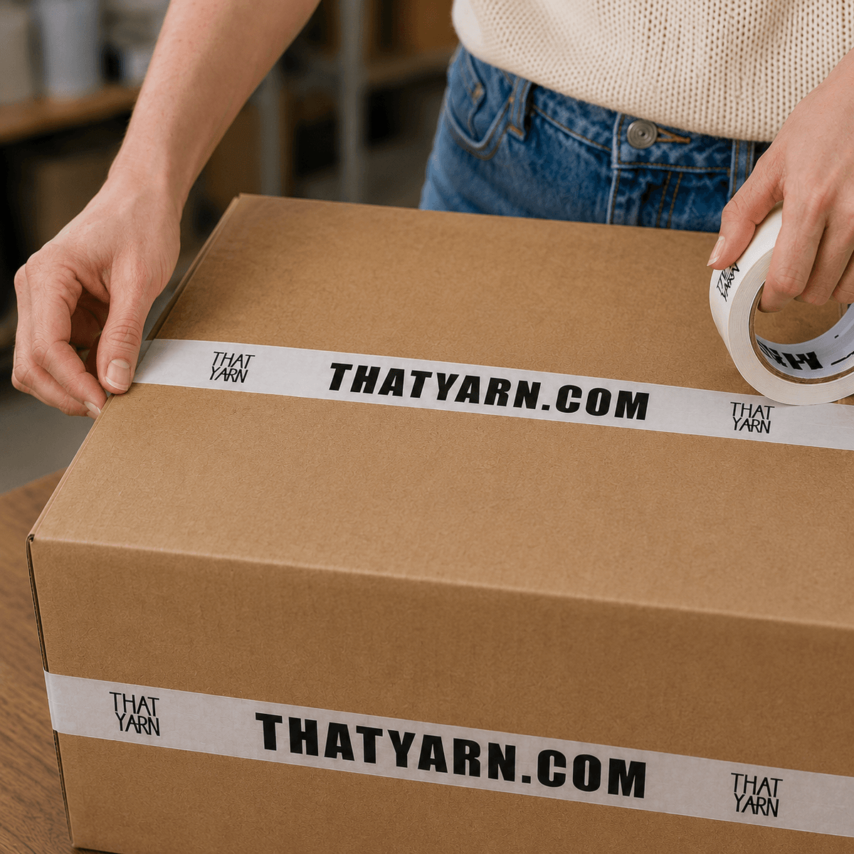 Close-up lifestyle photograph of a person sealing a brown cardboard shipping box with white THATYARN.COM branded tape in a softly lit yarn studio. Natural hands and denim clothing visible, realistic packaging scene with subtle imperfections and warm wood.