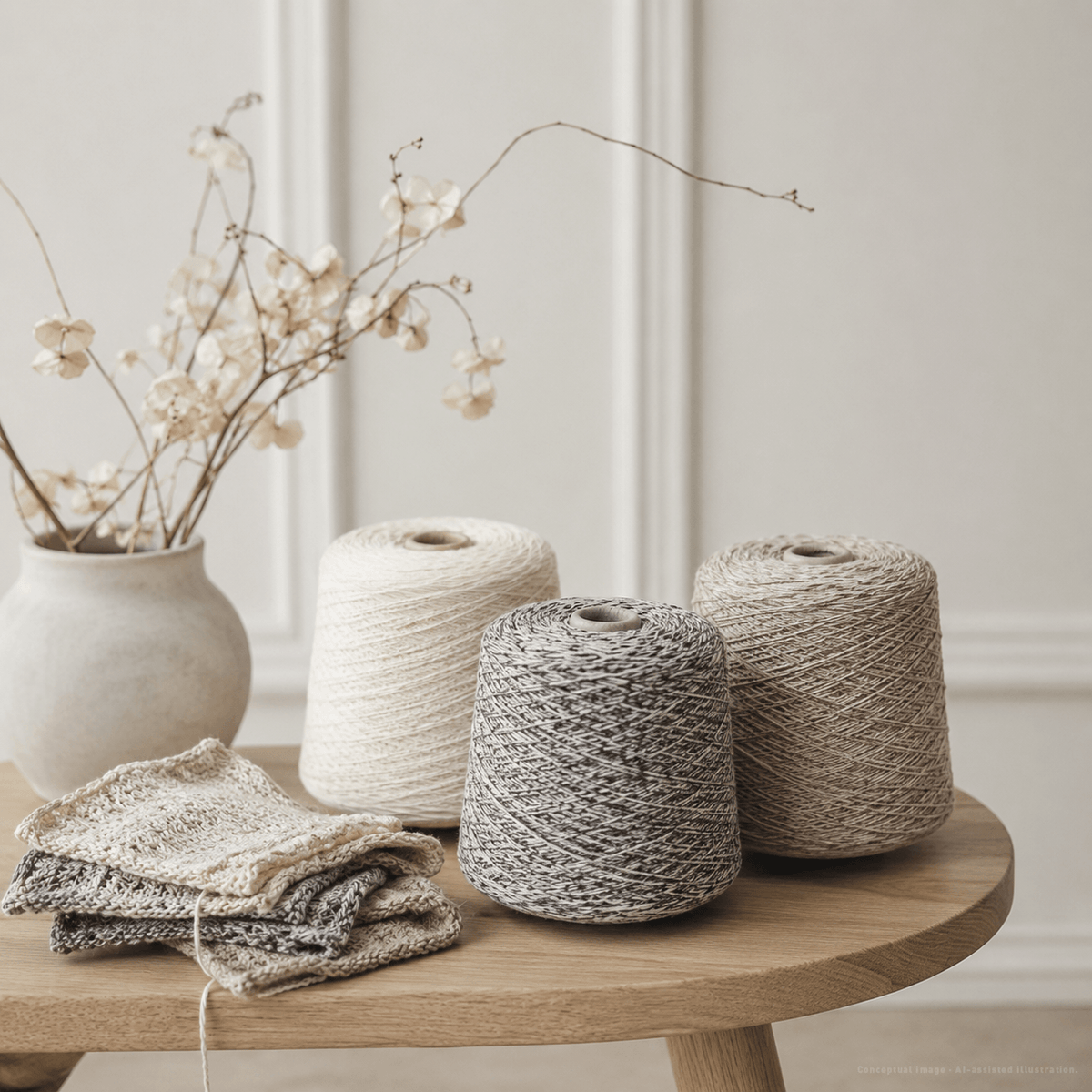 Three muted cone yarns in cream, marled grey, and soft taupe arranged on a modern light wood coffee table beside knitted swatches and a ceramic vase with delicate dried flowers. Soft natural window light, minimal French-style wall panels, shallow depth of