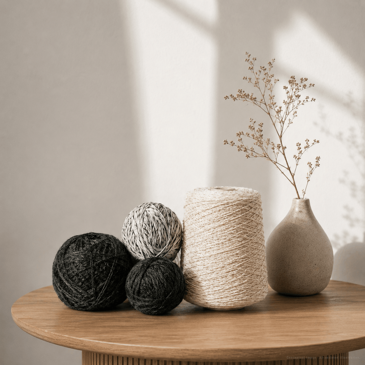 Minimalist yarn still life on a modern wood wax oil coffee table featuring a light beige cone yarn spool and three coordinated yarn balls in soft neutral tones, styled with a ceramic vase and dried branches against a French-inspired off-white wall. Warm n